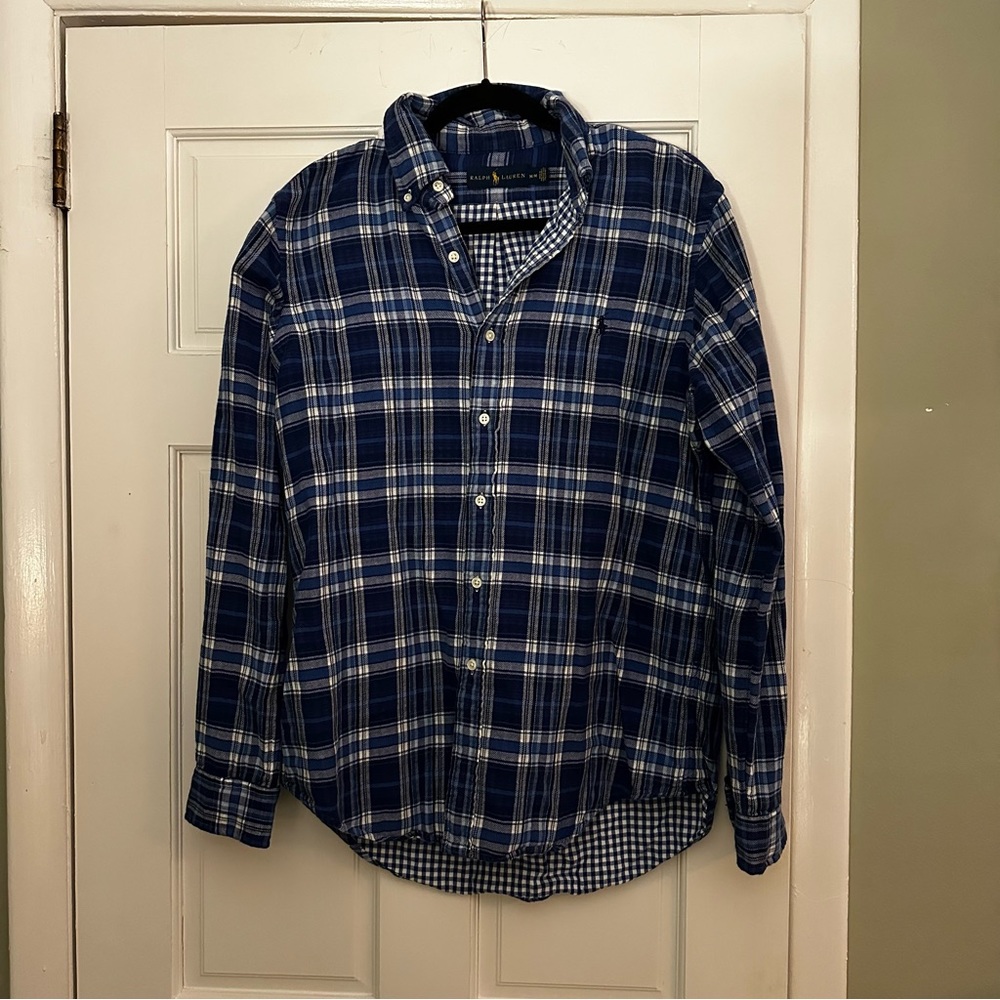 Ralph Lauren Men’s Collard Navy Blue & White Flannel Button Up Shirt Size Medium